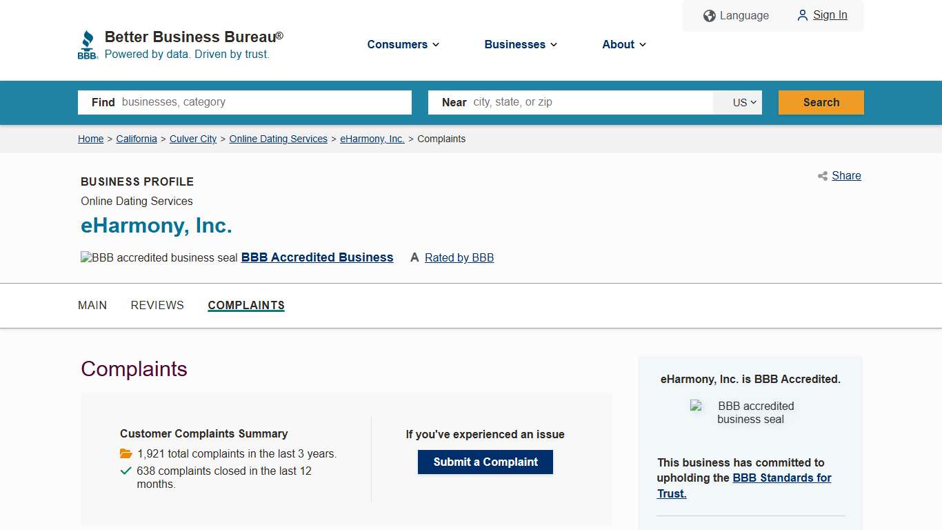 eHarmony, Inc. BBB Complaints Better Business Bureau